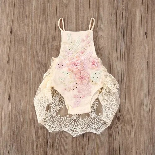 Miniatura 2 de Easisim Conjunto de ropa para bebé recién nacido, con bordado de encaje, halter, espalda descubierta, enterizo, enterizo, conjunto de traje de sol