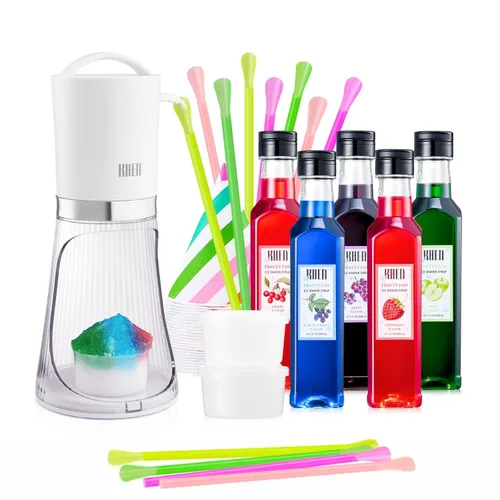 Juego de regalo de máquina de hielo afeitado con cono de nieve, kit de máquina eléctrica con 5 sabores de jarabe, incluye 25 tazas de cono, 25