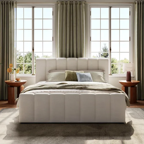Miniatura 9 de Merax Cama de plataforma Boucle tamaño King con cabecero y estribo gruesos, marco de cama tapizado estilo bloque, color blanco
