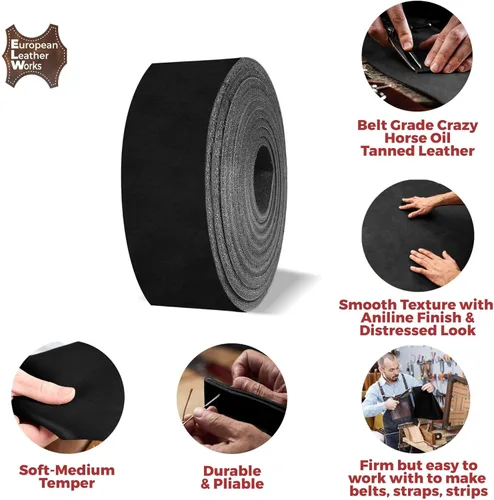 Miniatura 4 de ELW 5-6 oz (2-2.4mm) Correas negras de 1" de ancho x 40" de largo (2.5cm x 1.06m) de cuero de grano completo Crazy Horse de calidad para cinturones