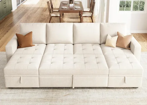 Miniatura 22 de HONBAY Sofá cama modular modular con cama extraíble, sofá en forma de L con asiento de almacenamiento, sofás seccionales para sala de estar, beige
