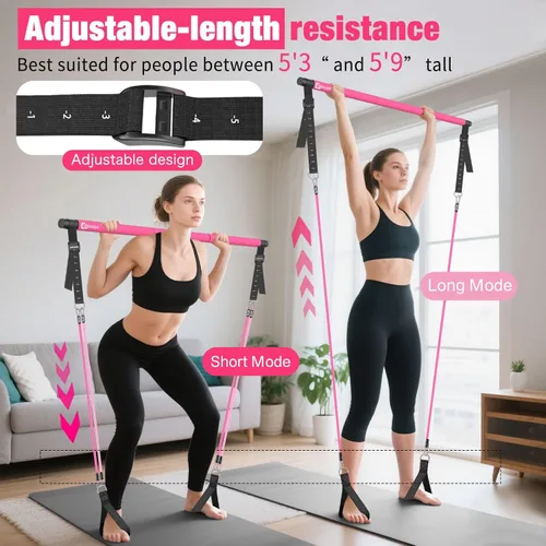 Miniatura 3 de Kit de barra de pilates Bbtops con bandas de resistencia, barra de pilates con bandas apilables, equipo de entrenamiento para piernas, cadera, Rosa