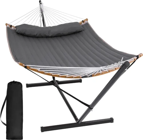 Miniatura 13 de SUNCREAT Hamaca doble con soporte incluido, hamaca portátil con soporte y almohada grande, rayas azules