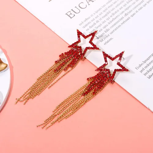 Miniatura 5 de Pendientes de borla para mujer, diseño de estrella, de cristal, estilo bohemio, cascada, con flecos, aretes colgantes