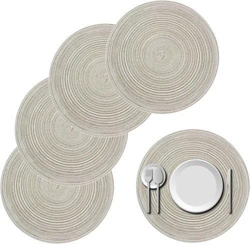 Miniatura 12 de Juego de 4 manteles individuales redondos trenzados de 15 pulgadas, manteles individuales lavables para mesa de cocina, bodas, fiestas (negro y gris)