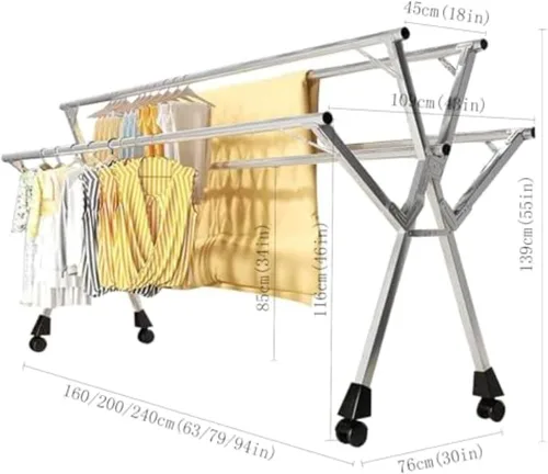 Miniatura 2 de Estante de secado de ropa plegable que ahorra espacio, secadora de ropa de acero inoxidable resistente con ruedas rodantes, marco multicapa
