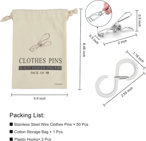 Miniatura 2 de 50 pinzas para ropa sucia – Alfileres de ropa duraderos de acero inoxidable, pinzas de alambre de metal resistentes con una bolsa de almacenamiento