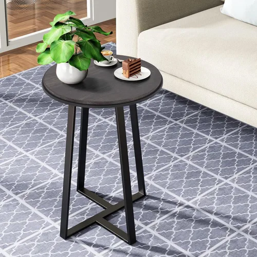 Miniatura 4 de Mesa auxiliar redonda Dorriss, mesa lateral pequeña de color gris con tapa de MDF, estructura metálica negra, mesa auxiliar alta para dormitorio
