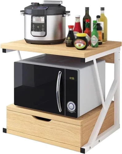 Miniatura 7 de Estante de madera para microondas de 2 niveles con cajón, estante de almacenamiento de cocina, estante organizador para oficina en casa, soporte
