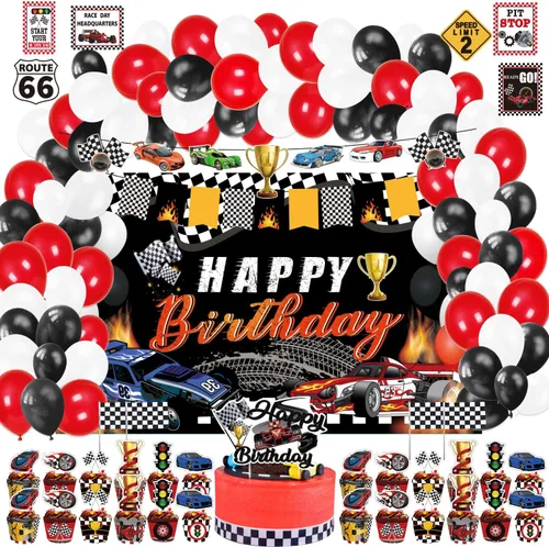 Suministros para fiesta de cumpleaños de autos de carreras, 142 piezas de decoraciones de fiesta de carreras de autos de carreras para niños y