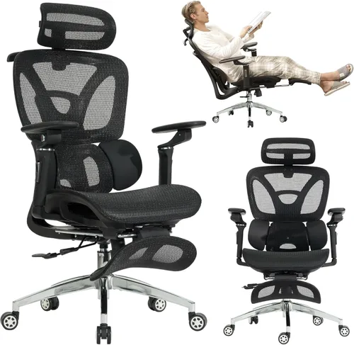 Miniatura 10 de Silla de oficina ergonómica, silla de escritorio de malla para el hogar, cómoda silla de juegos con reposapiés, ruedas, reposacabezas 2D ajustable