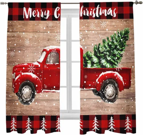 Miniatura 35 de Cortinas traslúcidas para camión rojo de Navidad de 45 pulgadas de largo, juego de 2 paneles de tablero de madera retro rústico con cuadros