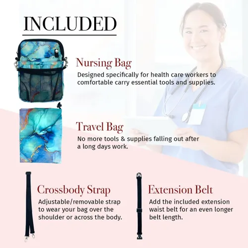 Miniatura 2 de French KOKO Riñonera para enfermera médica, Mármol Teal, Vertical