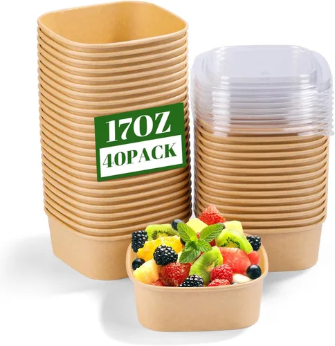 Miniatura 9 de Paquete de 25 cuencos de papel de 19 onzas, recipientes desechables con tapas, cuencos rectangulares desechables con tapas, cuencos de ensalada