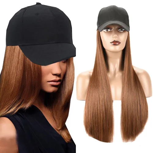 Miniatura 13 de Extensiones de cabello sintético Bobo corto con gorra de béisbol negra de 9 pulgadas, peluca con gorro de cabello negro y marrón para mujer, peluca
