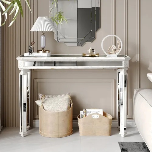 Miniatura 20 de Mesa consola de media luna de 47 pulgadas con cajón de cristal estriado y perilla de cristal, escritorio plateado para entrada, dormitorio, vestidor