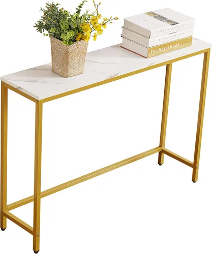 Miniatura 8 de loglus Mesa consola para entrada, Mesa de sofá de MDF de mármol sintético con marco dorado (doble capa, marco negro)