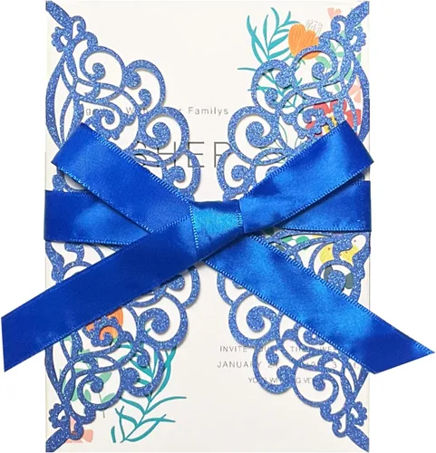 Miniatura 10 de 50 invitaciones de boda cortadas con láser con sobres con purpurina y cintas, tarjeta en blanco personalizada, invitaciones para quinceañera, Oro