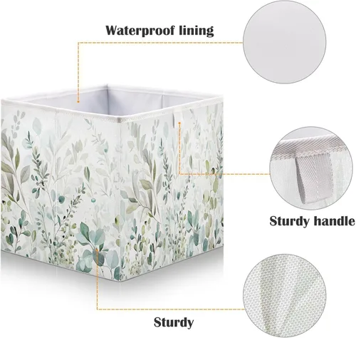 Miniatura 4 de Kigai Cubos de almacenamiento de hojas verdes – 11 x 11 x 11 pulgadas, cubos plegables grandes, cesta organizadora de almacenamiento para oficina