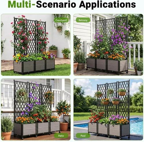 Miniatura 6 de DoCred Jardinera elevada de 63 pulgadas de alto con enrejado, maceta vertical para horticultura, jaula de tomate con ruedas para plantas trepadoras