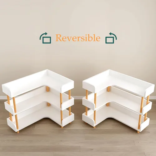 Miniatura 4 de OSCHF Estantería esquinera reversible de madera, moderna estantería en forma de L de 3 niveles con marco de madera maciza y protección de bordes
