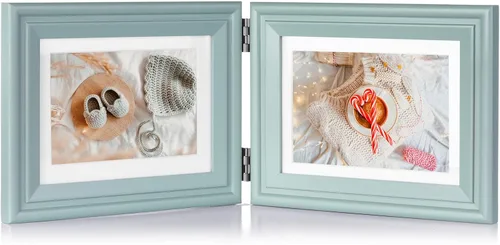 Miniatura 18 de Marco de fotos doble de madera con bisagras horizontales de 5 x 7 pulgadas, marco de fotos plegable con frente de cristal real en negro para mesa