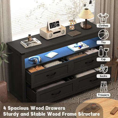 Miniatura 4 de Cómoda negra para dormitorio con 4 cajones, cómoda negra y cómoda, cajones de almacenamiento anchos de madera moderna con luces LED para armario
