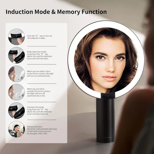 Miniatura 3 de AMIRO Espejo de maquillaje iluminado de 9" con sensor inteligente y control táctil, 3 colores y 6 niveles de brillo, recargable e inalámbrico, Negro