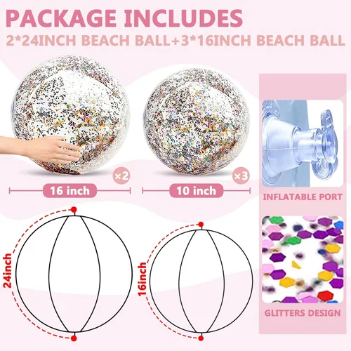 Miniatura 3 de Paquete de 5 bolas de playa de lentejuelas de 16 pulgadas y 24 pulgadas, inflables, confeti con purpurina, pelota de playa transparente, juguete