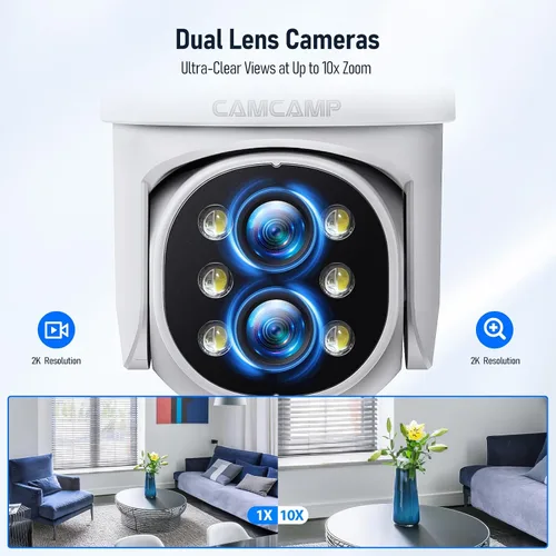 Miniatura 2 de Camcamp Sistema de cámara de seguridad inalámbrica con monitor, zoom de 10x 5MP cámara de seguridad de doble lente para exteriores con visión