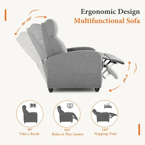 Miniatura 6 de Sweetcrispy Silla reclinable de tela; sofá reclinable sin masaje, asiento para cine en casa con soporte lumbar, reclinable ajustable con respaldo
