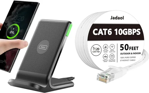 INIU Cargador inalámbrico, estación de carga inalámbrica rápida con certificación Qi de 15 W y cable Ethernet Jadaol Cat 6 de 50 pies, para