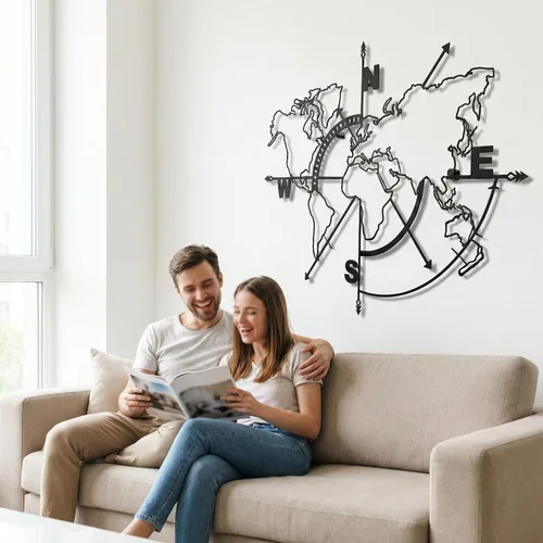 Miniatura 4 de DEKADRON Brújula de arte de pared con mapa del mundo de metal, mapa del mundo sin bordes, decoración de pared de metal, letrero de metal, colgantes
