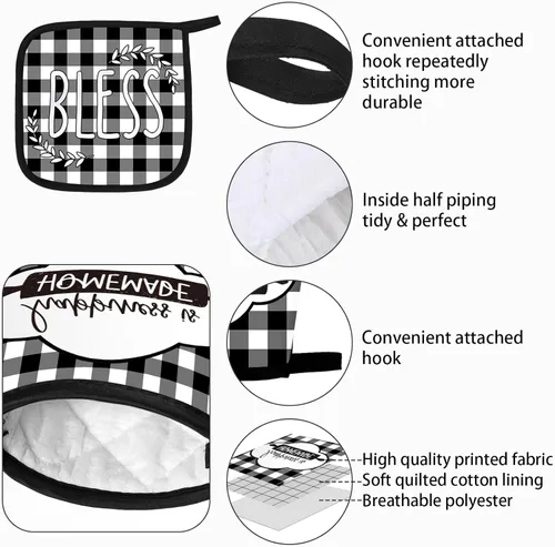 Miniatura 3 de Juego de 5 toallas de cocina a cuadros de búfalo, guantes de horno y soporte para ollas, toallas de cocina en blanco y negro, almohadillas calientes