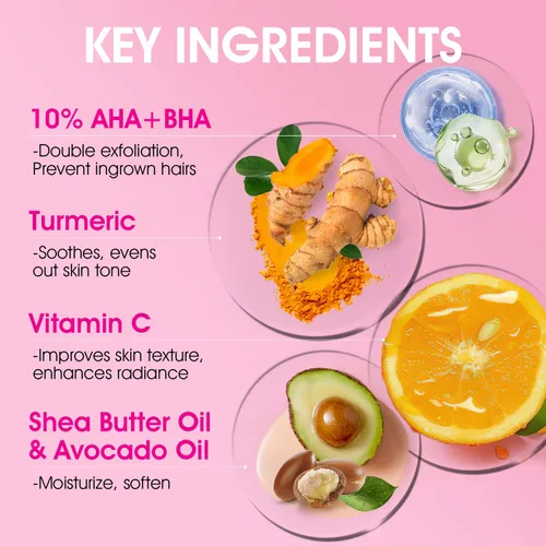 Miniatura 3 de Exfoliante para el área de bikini con 10% AHA+BHA y cúrcuma, para vello encarnado y granos por afeitado en el área de bikini y axilas, exfoliante
