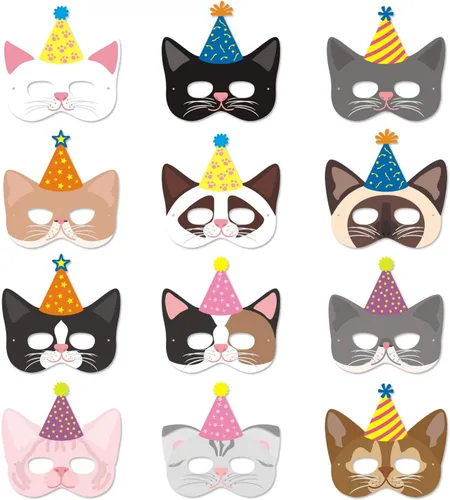 Distaratie 12 máscaras de papel de gato para decoraciones de fiestas, bonitas máscaras faciales de gato para accesorios de cabina de fotos,