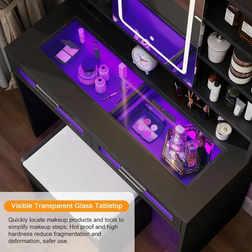 Miniatura 2 de Hadulcet Escritorio de tocador negro con espejo deslizante y luces LED, mesa de tocador de vidrio de 35.5 pulgadas con tomas de corriente, cajones