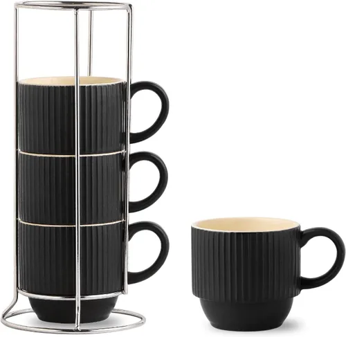 Miniatura 9 de Hasense Juego de tazas de café, juego de 4 tazas de té apilables con soporte - Juego de tazas grandes de cerámica acanaladas de 15 onzas para latte