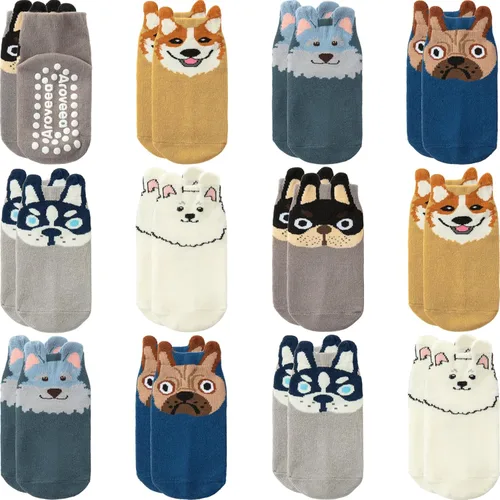 Miniatura 14 de Calcetines con Agarre Antideslizantes de Algodón para Bebés y Niños Pequeños, Niños y Niñas, Paquete de 12 Calcetines de Tobillo Lindos para Niños