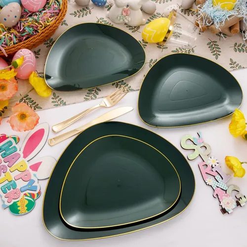 Miniatura 7 de DaYammi 180 platos de plástico verde, platos desechables de oro verde con cubiertos dorados que incluye: 30 platos llanos, 30 platos de postre, 90