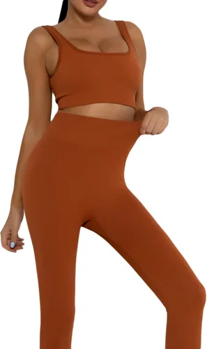 Miniatura 3 de Conjuntos de yoga acanalados para mujer, conjuntos de gimnasio de 2 piezas, cintura alta, sin costuras, de longitud completa, con cuello cuadrado