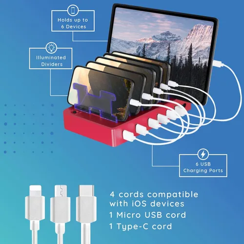 Miniatura 3 de Estación de carga para múltiples dispositivos – Base de carga USB de 6 puertos para Apple y Android – Organizador de carga múltiple rápida