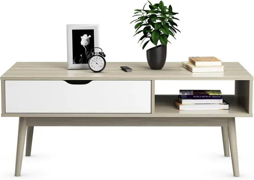 Miniatura 10 de Giantex Mesa auxiliar rectangular, soporte de TV de mediados de siglo con 1 cajón y estante de almacenamiento abierto para sala de estar, sala