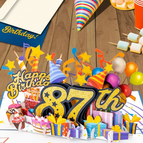 Miniatura 5 de iGifts And Cards Tarjeta desplegable 3D de feliz cumpleaños 87 – Diseño azul con números de purpurina, globos, pasteles y regalos – Tarjeta