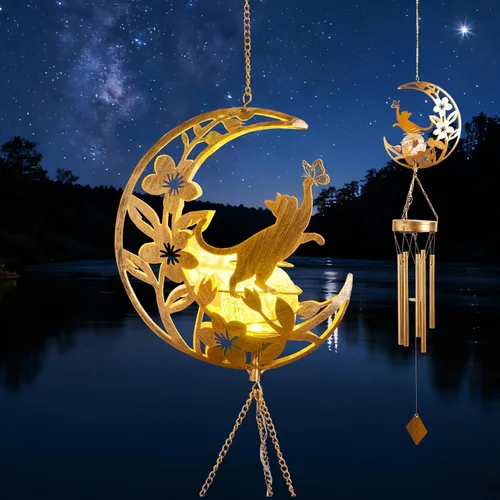 Campanillas de Viento Cat Memories para Exteriores - Diseño de Luna, Campanillas de Viento de Aluminio Hechas a Mano para Decoración de Jardín,