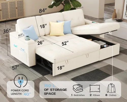 Miniatura 2 de PaPaJet Sofá cama modular de 84 pulgadas, sofá cama extraíble con diván de almacenamiento, sofá cama convertible copetudo con 2 USB y portavasos