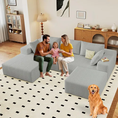 Miniatura 85 de Sofá modular de 95 pulgadas con otomana, moderno sofá nube de pana con asiento profundo, sofá sin hueso tapizado de 3 plazas en forma de U para sala