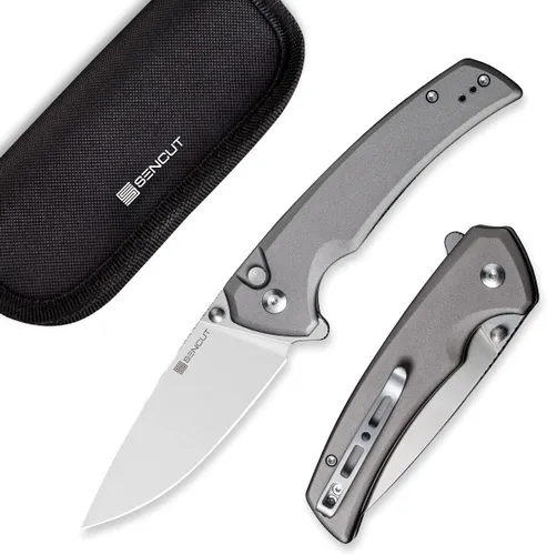 Navaja de bolsillo con botón de bloqueo de SENCUT para EDC, navaja plegable serena, muesca para el pulgar y abredor de resorte, mango de aluminio