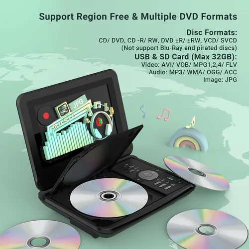 Miniatura 3 de POFOTO Reproductor de DVD portátil de 9.5 pulgadas para niños y automóvil con pantalla giratoria de 7.5 pulgadas, tiempo de trabajo de 4 a 6 horas