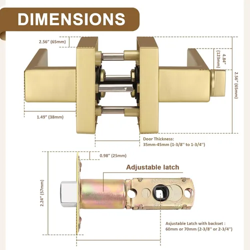 Miniatura 2 de Probrico - Paquete de 2 manijas de puerta de privacidad doradas, pomos de puerta de latón satinado resistentes para dormitorio y baño, cerraduras